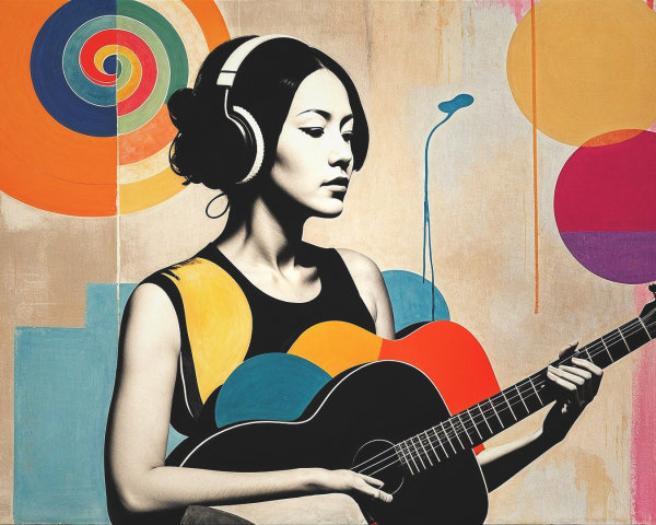 Stylized portrait of a woman with headphones and guitar