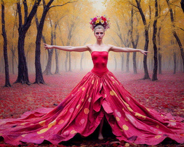 Model in Red Gown Amidst Autumn Forest Setting