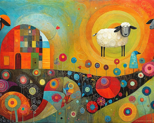 Whimsical Landscape with Colorful House and Sheep