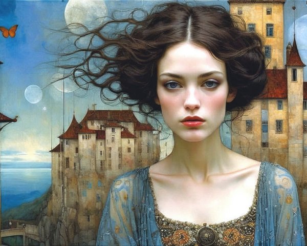 Young woman in floral garment in surreal landscape