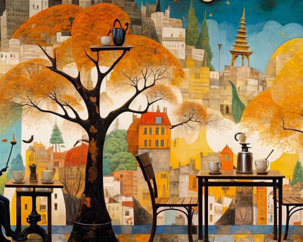 Whimsical café scene with a black cat and autumn trees