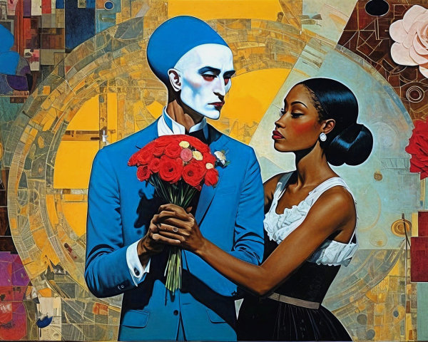 Stylized Man and Woman in Colorful Abstract Scene