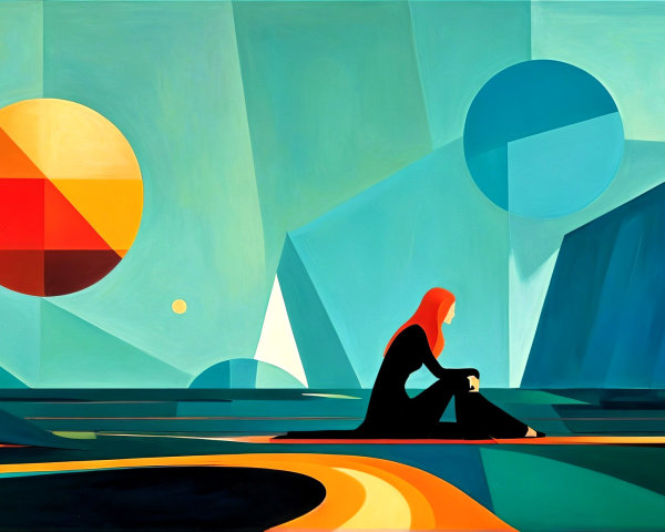 Silhouette in Vibrant Geometric Landscape Artwork