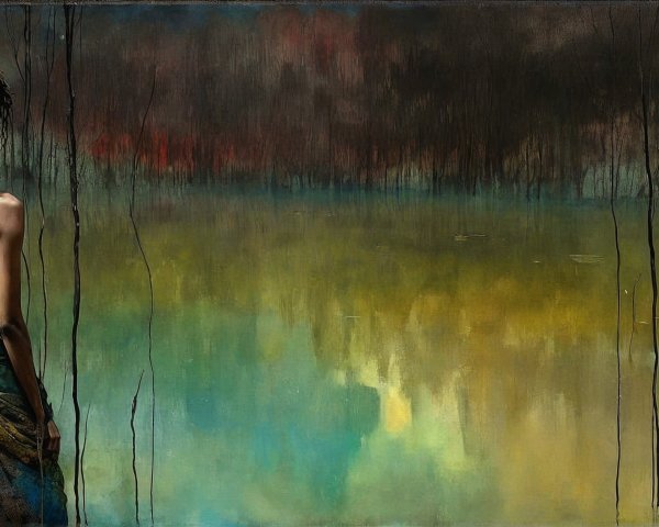 Solitary Figure Gazing at Reflective Water Surface