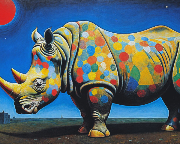 Surreal Rhinoceros with Colorful Circles and City Skyline