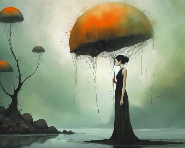 Surreal Scene of Woman with Jellyfish and Gnarled Tree