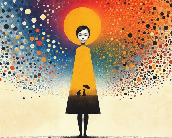 Stylized figure in vibrant landscape with glowing sun