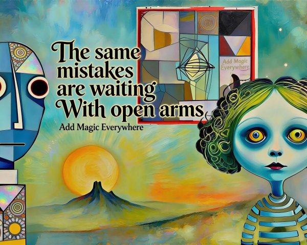 Surreal Painting with Geometric Face and Cosmic Background