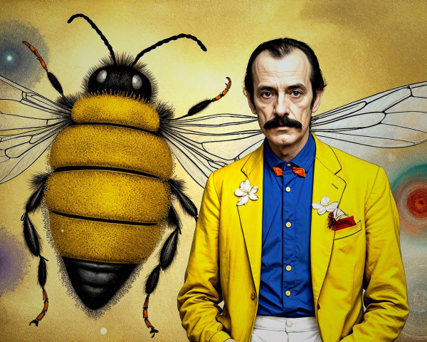 Man in Yellow Suit Next to Stylized Bee and Cosmic Background
