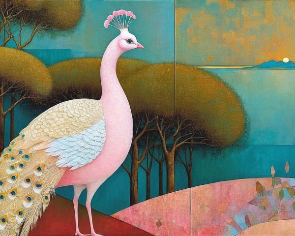 Stylized peacock with vibrant feathers in serene landscape