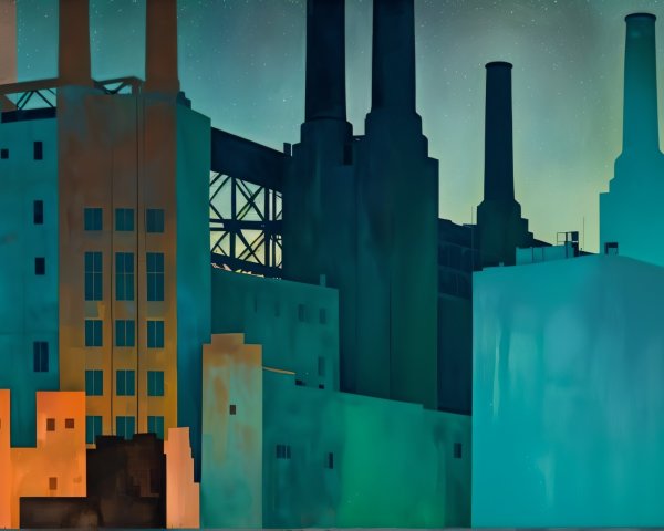 Industrial Landscape with Smokestacks and Twilight Sky