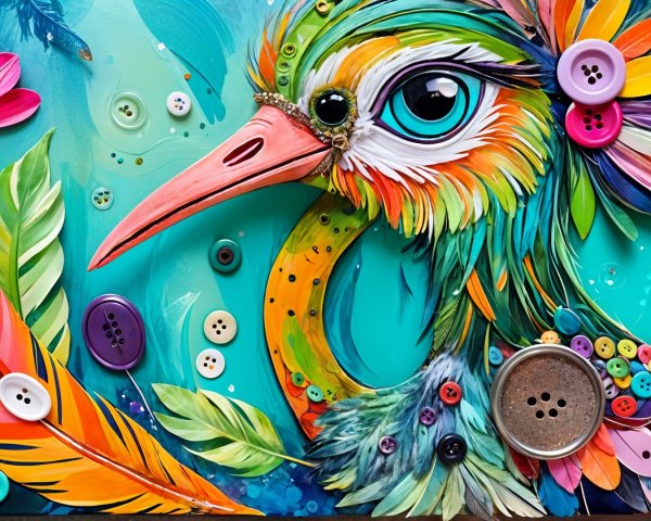Colorful Bird with Tropical Foliage and Buttons