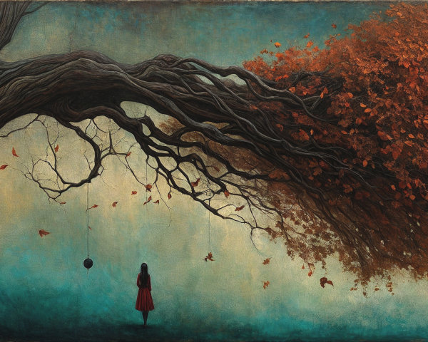 Surreal Landscape with Girl and Twisted Tree