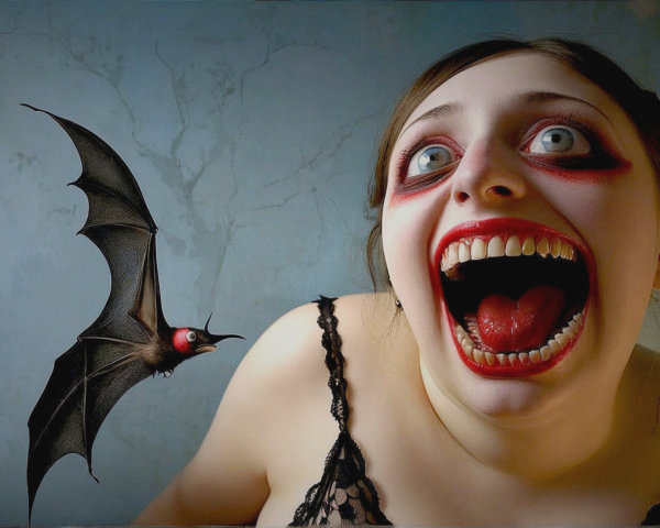 Woman with Exaggerated Makeup and Cartoon Bat
