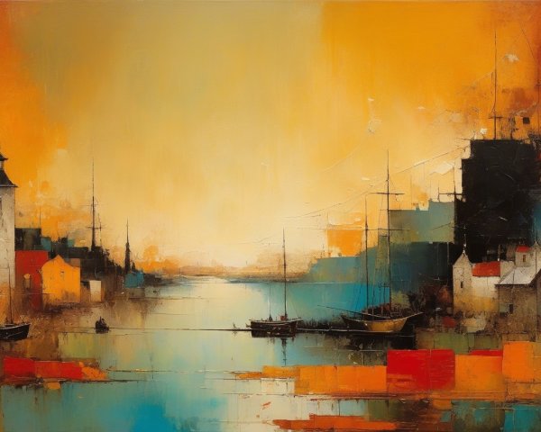 Vibrant Impressionistic Painting of a Harbor City