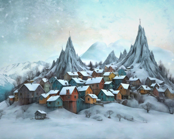 Aerial View of a Snowy Village with Mountains