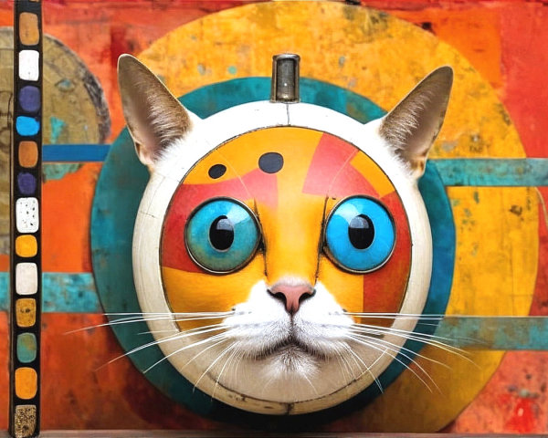 Whimsical Cat Head with Colorful Surreal Art