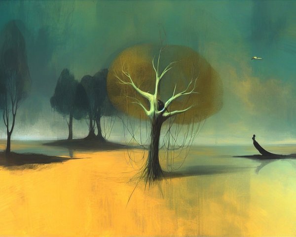 Surreal Landscape with Barren Tree and Misty Atmosphere