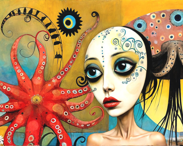 Colorful Mural of Octopus and Surreal Girl in Fantasy