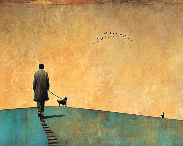 Solitary Figure Walking a Dog in Abstract Landscape