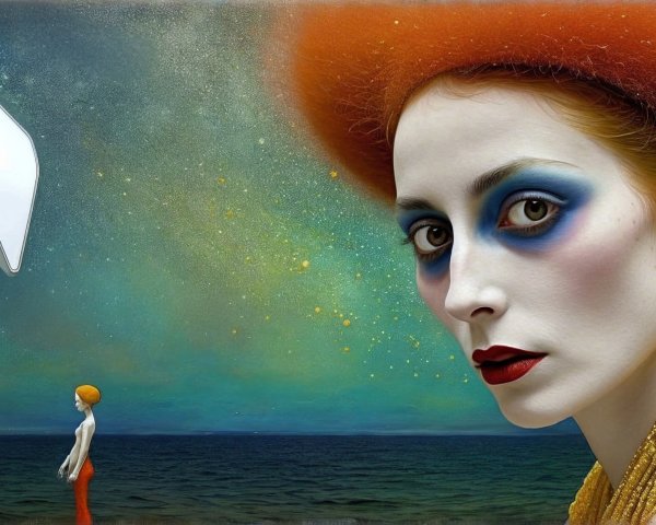 Painting of a Woman with Cosmic Background and Teardrop