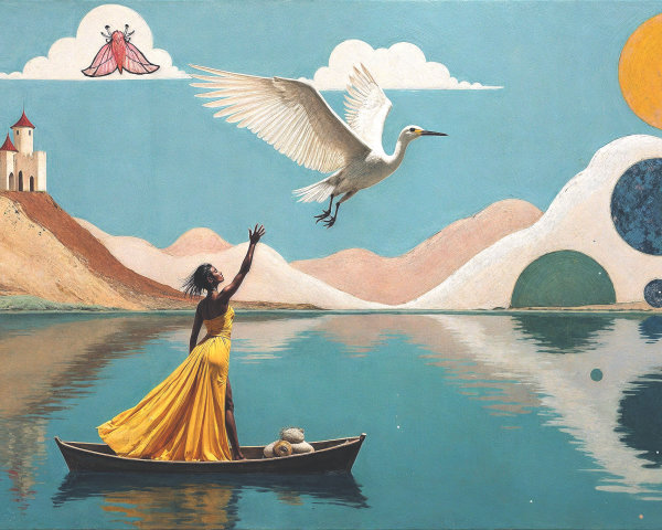 Woman in Yellow Dress by Calm Lake with Bird and Castle