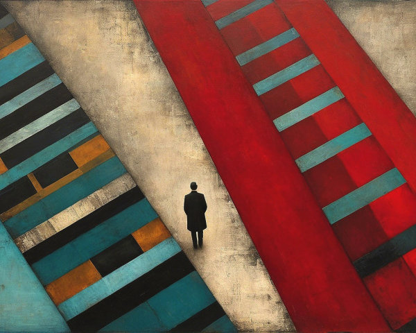 Conceptual painting of a lone figure on a textured path
