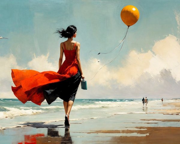Woman in Red Dress on Beach with Orange Balloon