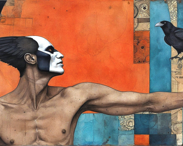 Shirtless Man with Facial Paint and Crow in Artwork