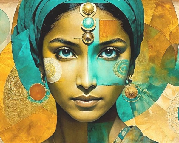 Portrait of a woman with vibrant turquoise and gold hues