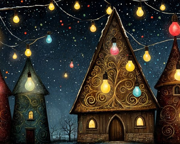 Magical Night Village with Whimsical Houses and Lights
