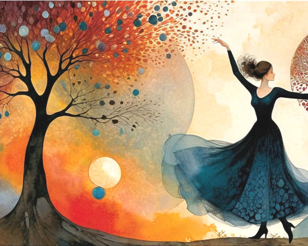 Woman in Blue Dress Dancing in Vibrant Landscape