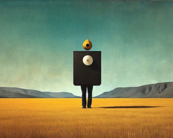 Surreal Landscape with Geometric Figure and Droplet