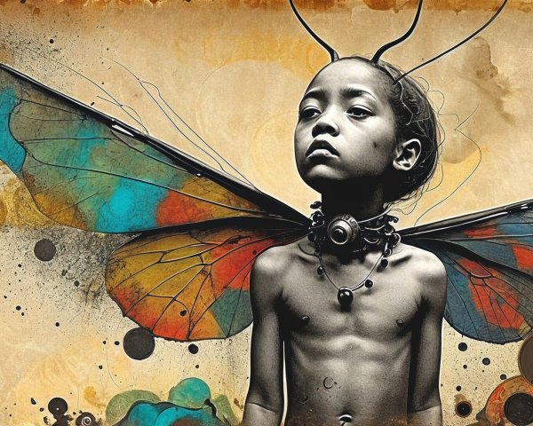 Surreal Artwork of Child with Vibrant Butterfly Wings