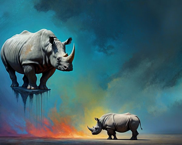 Stylized Rhinoceroses in Vibrant Surreal Background
