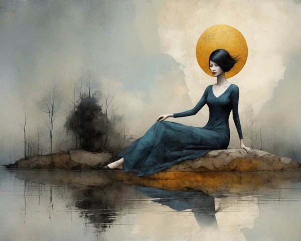 Woman in Dark Teal Dress by Water in Abstract Landscape