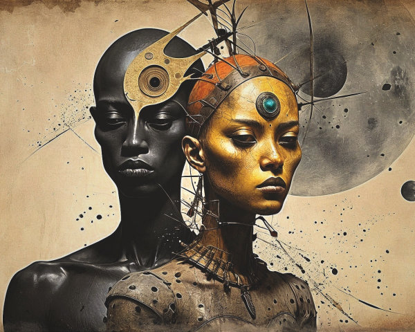 Stylized Figures with Futuristic Accessories and Abstract Background