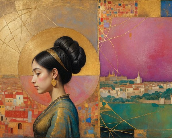 Profile of a Serene Woman Against Dual Landscapes