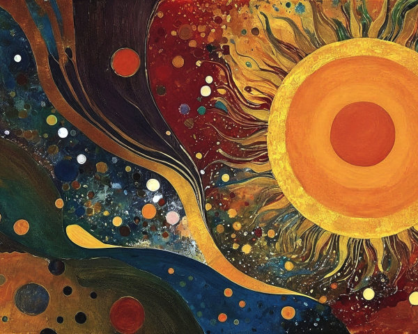 Vibrant Cosmic Scene with Golden Sun and Planets