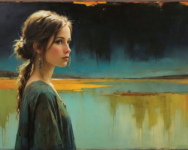 Serene Portrait of a Young Woman by a Lakeside