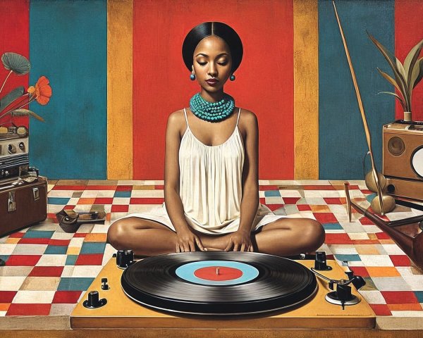 Serene Woman in Colorful Room with Vinyl Turntable