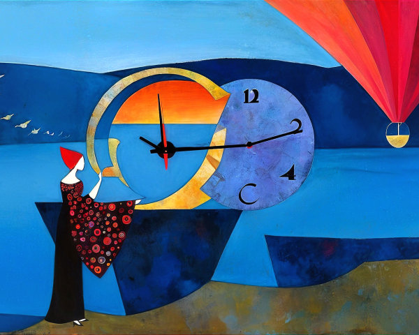 Serene landscape with woman, clock, and hot air balloon
