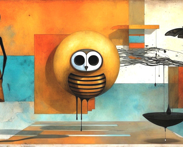 Abstract Composition with Yellow Owl and Geometric Shapes