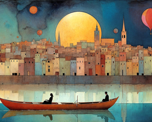 Serene cityscape at dusk with vibrant sunset hues