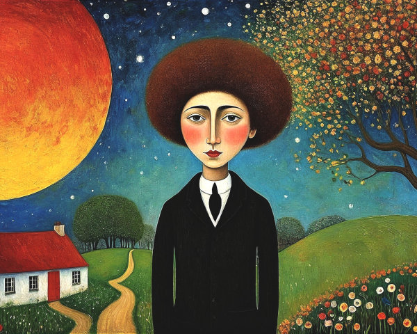 Whimsical Colorful Scene with Afro Hairstyle and Landscape