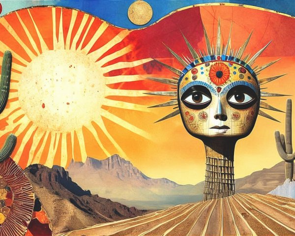 Surreal Landscape with Abstract Figure and Colorful Sky
