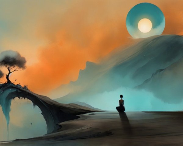 Serene Landscape with Figure on Cliff and Luminous Sun