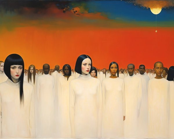 Diverse Figures in Flowing Garments at Sunset