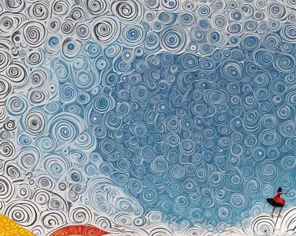 Swirling Sky Patterns with Figure in Red Outfit