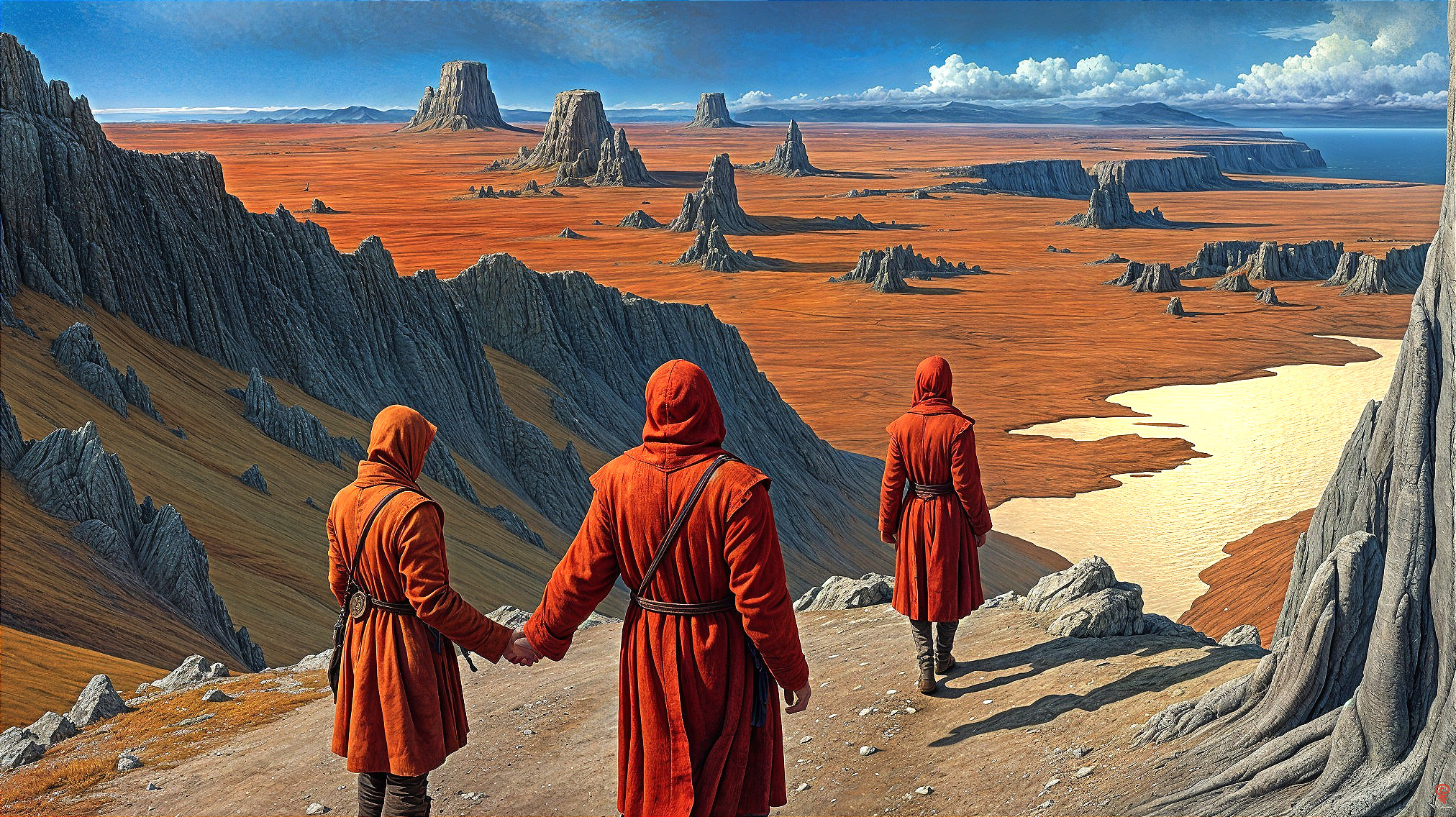Surreal Landscape with Figures in Orange Cloaks
